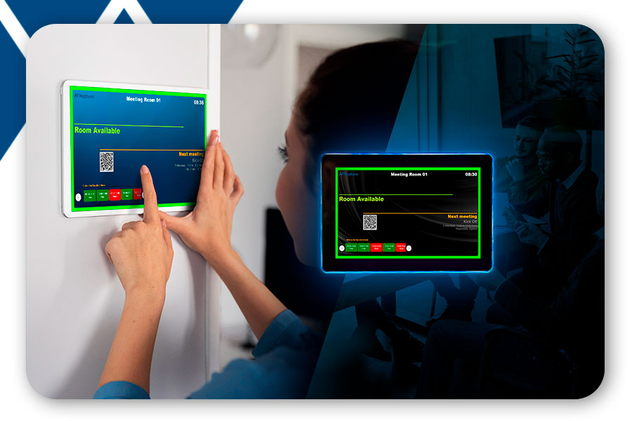 A woman checking into a meeting room.