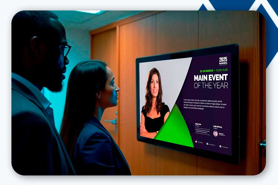 People watching an internal communication on a TV in the office.