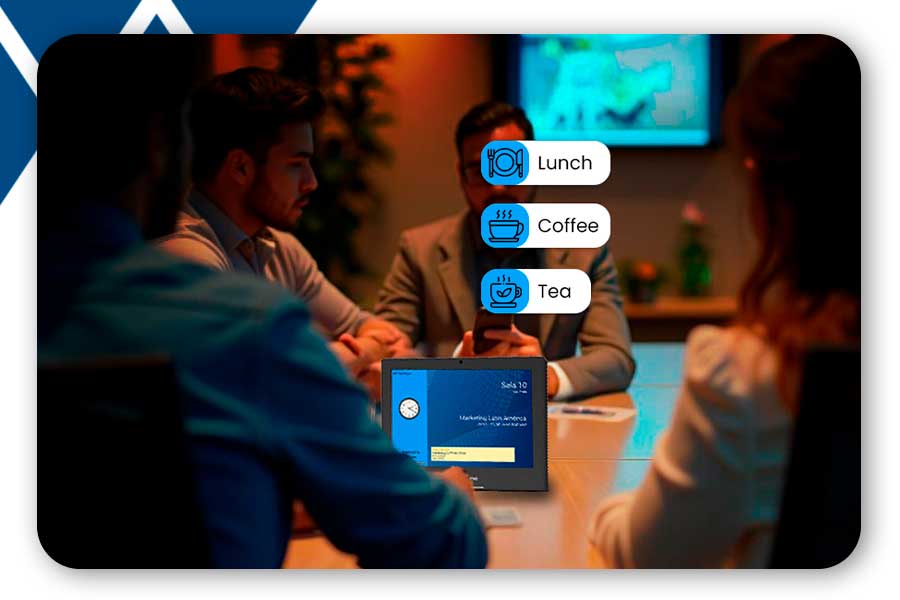 meeting assistant installed on a table screen neptune equipment on a meeting table in an office.