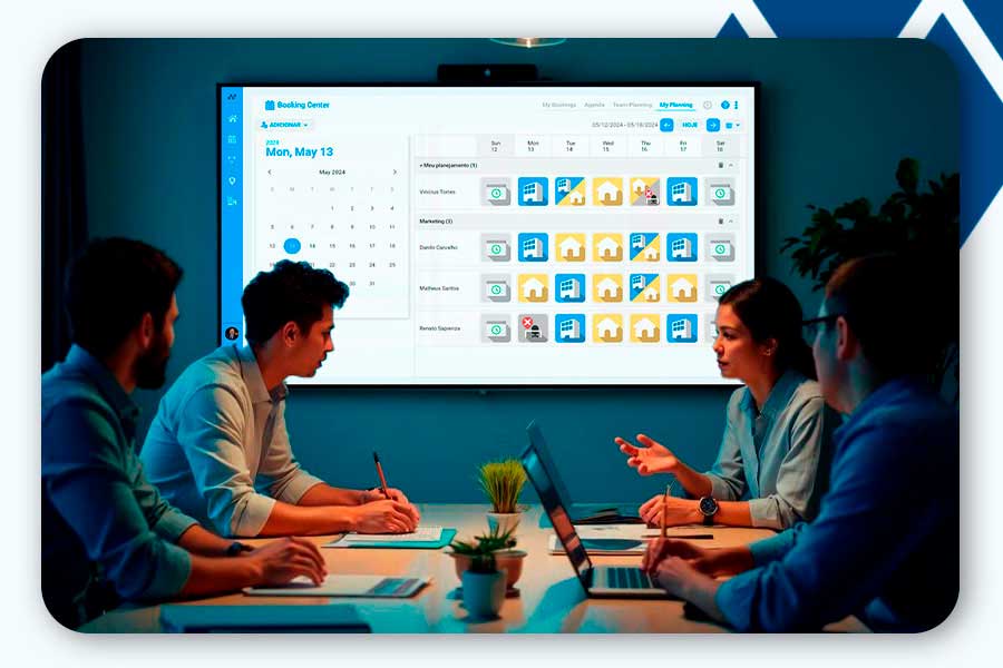 People strategically planning hybrid work schedules for teams working from home and in the office.